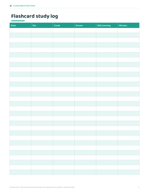 Preview of Printable Flashcard Study Log
